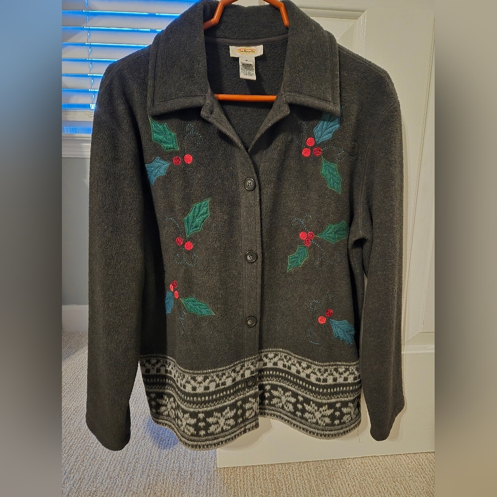 Talbots M Vintage label fleece cardigan Holly snowflake sweater sweatshirt EUC